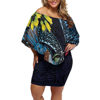 New Zealand Tui Bird Off Shoulder Short Dress Maori Koru Mix Pohutukawa DT04 Women Black - Polynesian Pride