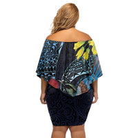 New Zealand Tui Bird Off Shoulder Short Dress Maori Koru Mix Pohutukawa DT04 - Polynesian Pride