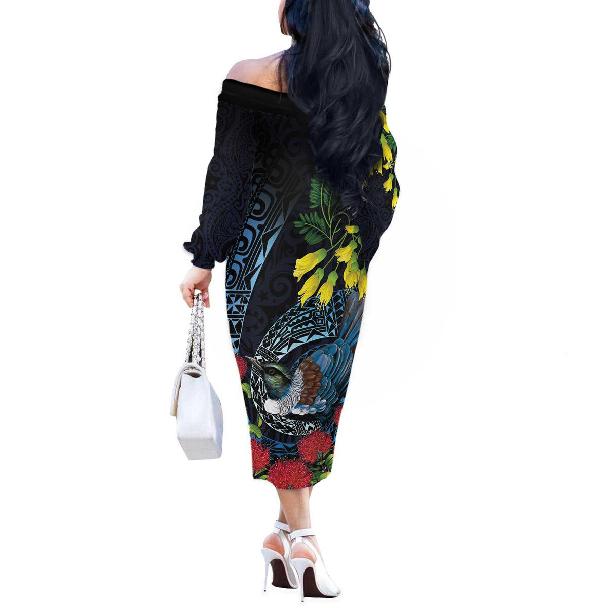 New Zealand Tui Bird Off The Shoulder Long Sleeve Dress Maori Koru Mix Pohutukawa DT04 - Polynesian Pride