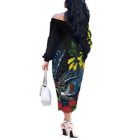 New Zealand Tui Bird Off The Shoulder Long Sleeve Dress Maori Koru Mix Pohutukawa DT04 - Polynesian Pride
