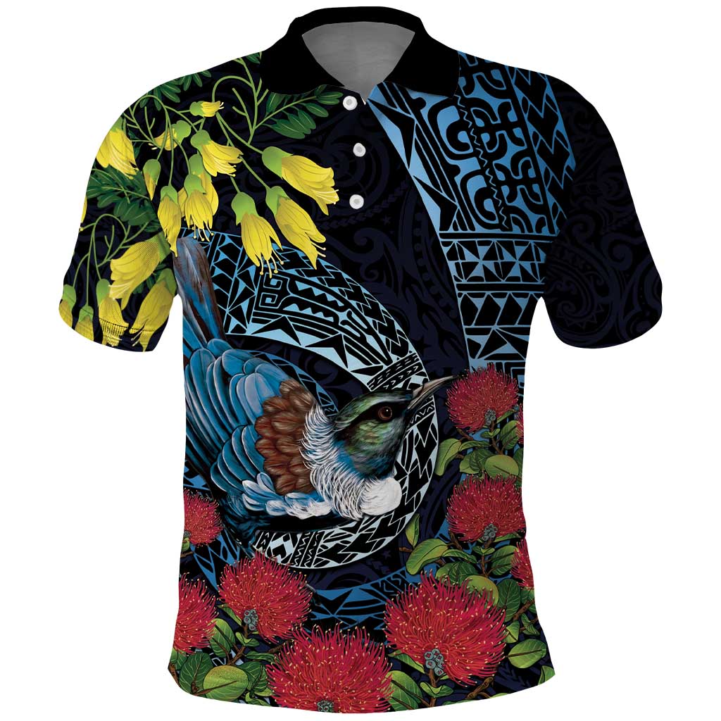 New Zealand Tui Bird Polo Shirt Maori Koru Mix Pohutukawa DT04 Black - Polynesian Pride