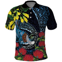New Zealand Tui Bird Polo Shirt Maori Koru Mix Pohutukawa DT04 Black - Polynesian Pride