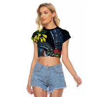 New Zealand Tui Bird Raglan Cropped T Shirt Maori Koru Mix Pohutukawa DT04 Female Black - Polynesian Pride