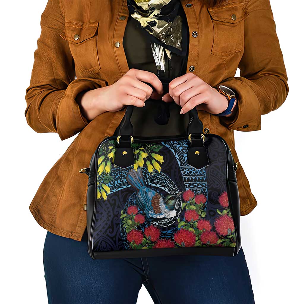 New Zealand Tui Bird Shoulder Handbag Maori Koru Mix Pohutukawa