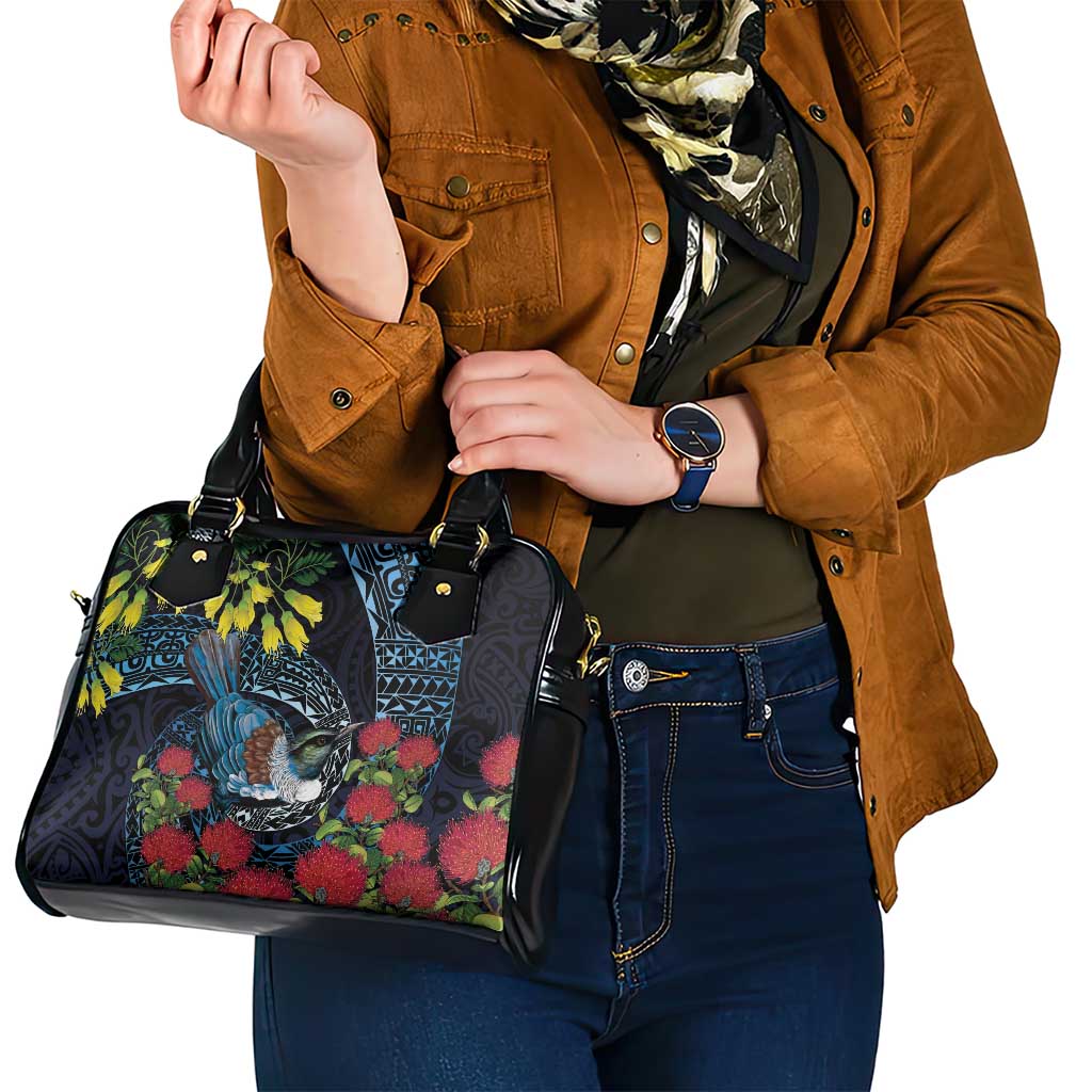 New Zealand Tui Bird Shoulder Handbag Maori Koru Mix Pohutukawa