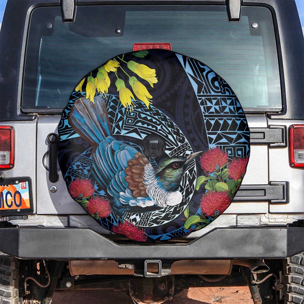 New Zealand Tui Bird Spare Tire Cover Maori Koru Mix Pohutukawa DT04 Black - Polynesian Pride