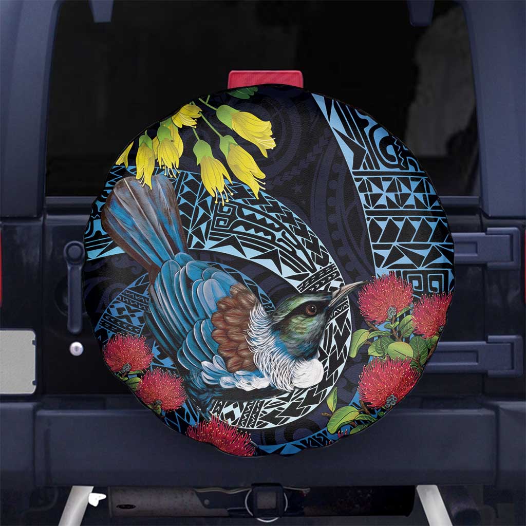New Zealand Tui Bird Spare Tire Cover Maori Koru Mix Pohutukawa DT04 No hole Black - Polynesian Pride