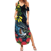 New Zealand Tui Bird Summer Maxi Dress Maori Koru Mix Pohutukawa