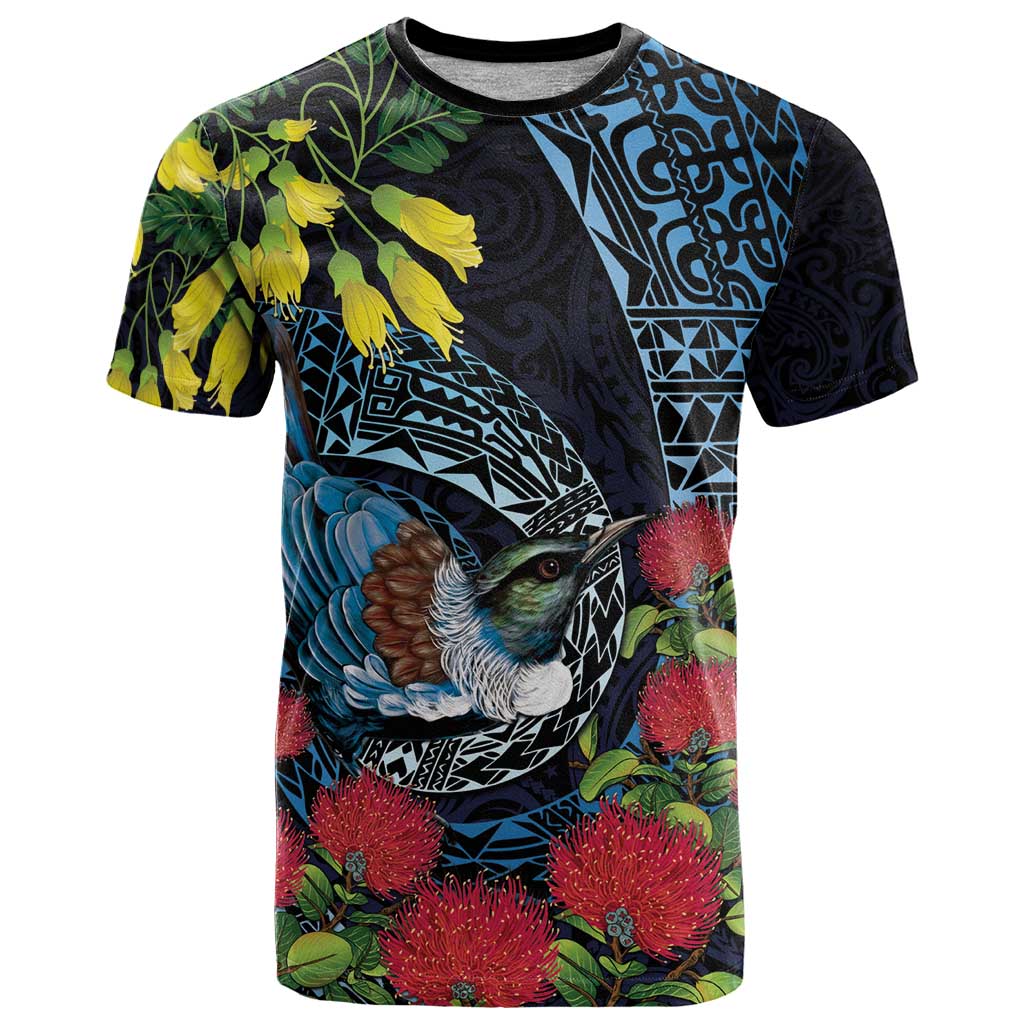 New Zealand Tui Bird T Shirt Maori Koru Mix Pohutukawa DT04 Black - Polynesian Pride
