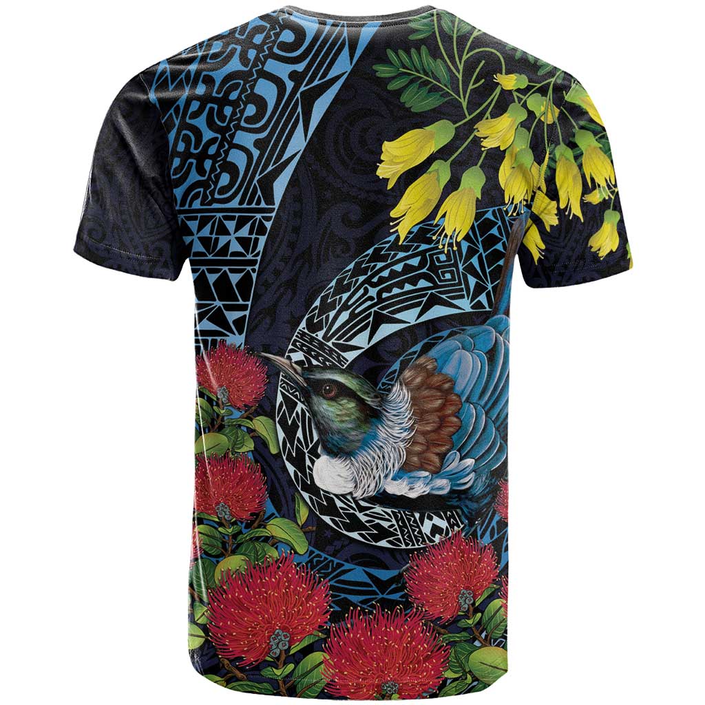 New Zealand Tui Bird T Shirt Maori Koru Mix Pohutukawa DT04 - Polynesian Pride