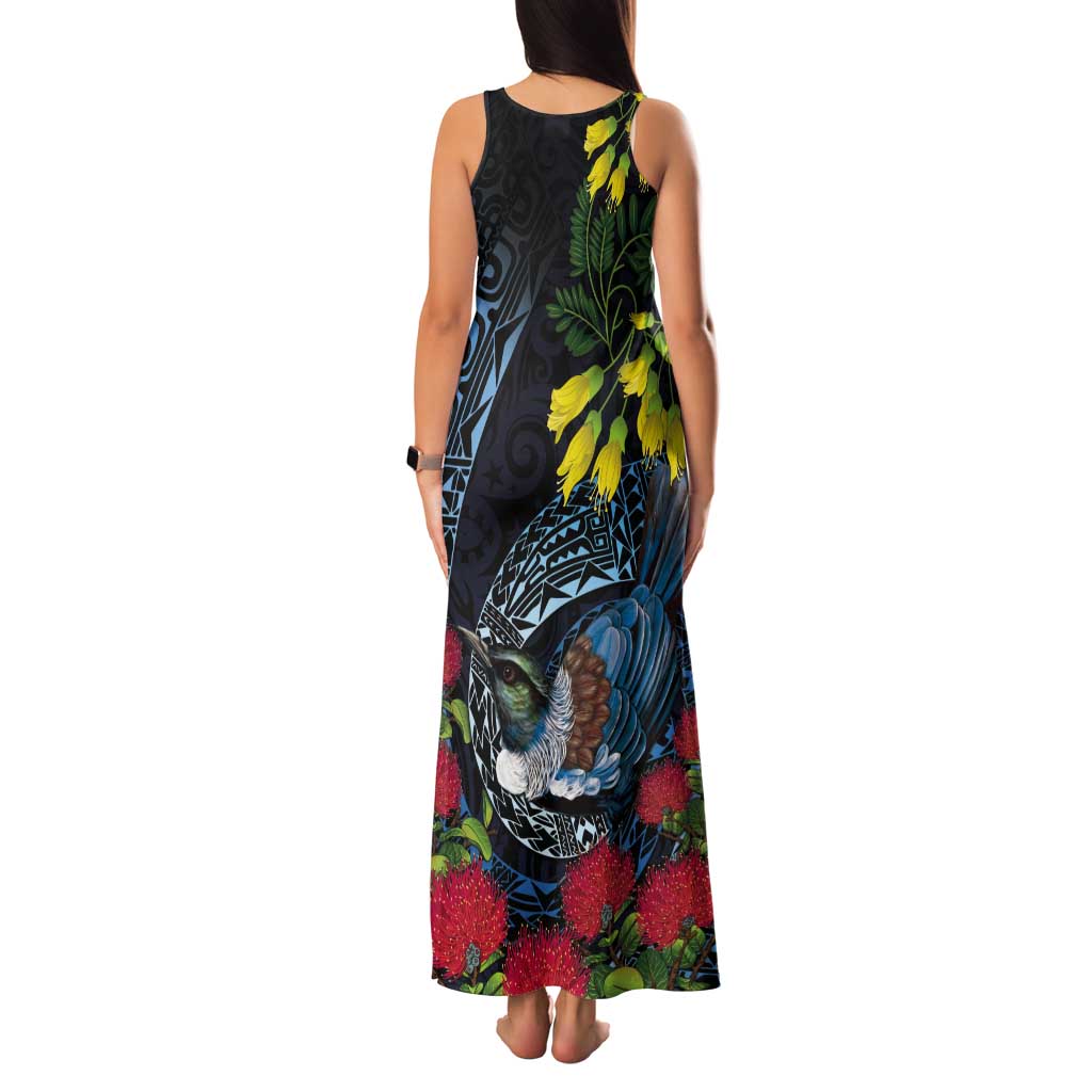 New Zealand Tui Bird Tank Maxi Dress Maori Koru Mix Pohutukawa DT04 - Polynesian Pride