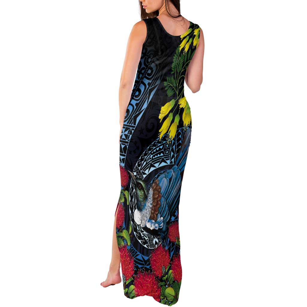 New Zealand Tui Bird Tank Maxi Dress Maori Koru Mix Pohutukawa DT04 - Polynesian Pride