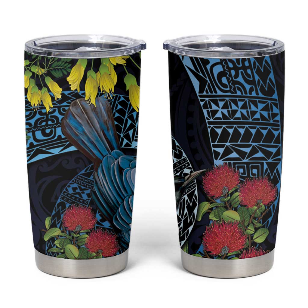 New Zealand Tui Bird Tumbler Cup Maori Koru Mix Pohutukawa DT04 Black - Polynesian Pride