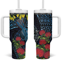 New Zealand Tui Bird Tumbler With Handle Maori Koru Mix Pohutukawa DT04 One Size: 40 oz Black - Polynesian Pride