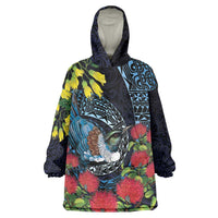 New Zealand Tui Bird Wearable Blanket Hoodie Maori Koru Mix Pohutukawa DT04 One Size Black - Polynesian Pride