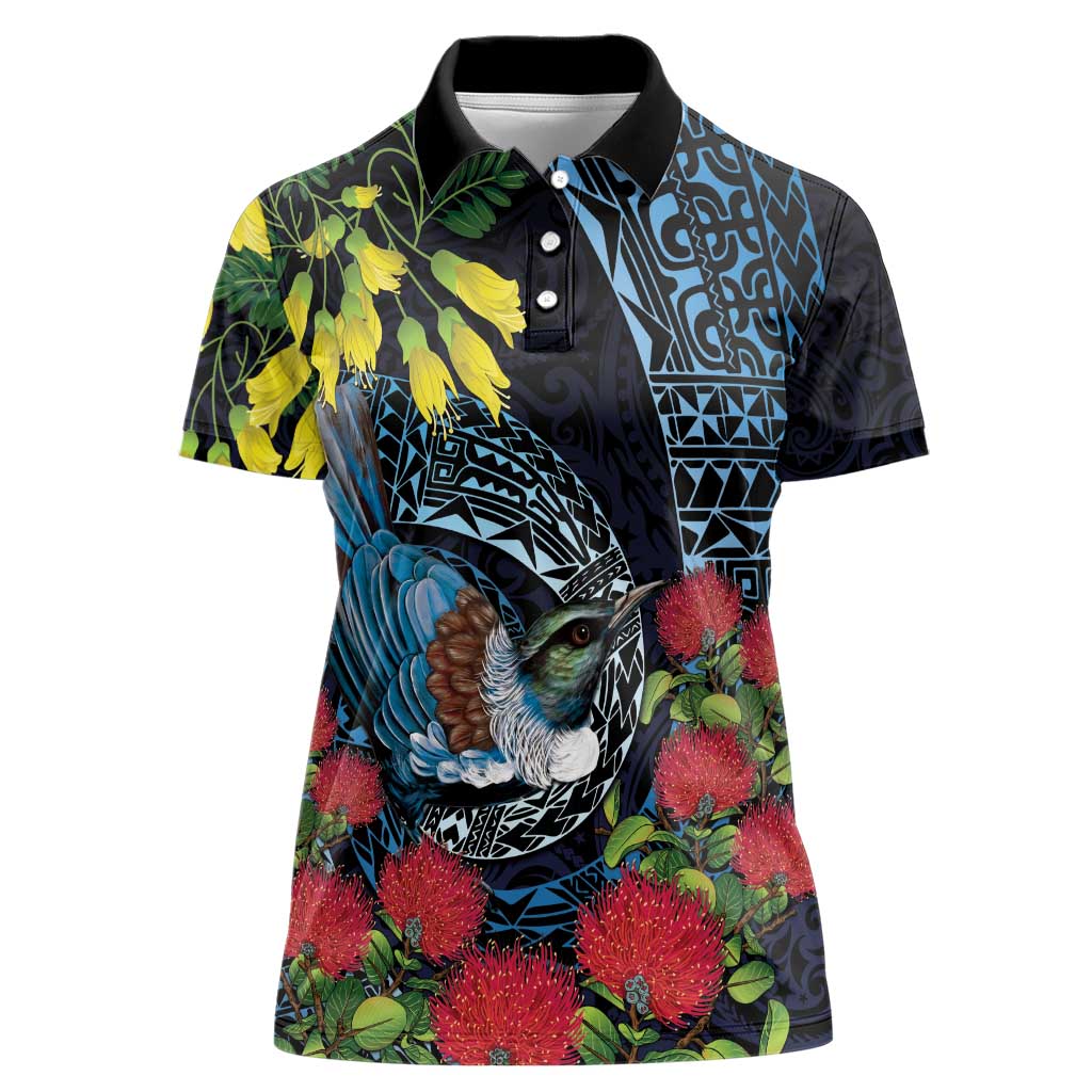 New Zealand Tui Bird Women Polo Shirt Maori Koru Mix Pohutukawa DT04 Female Black - Polynesian Pride