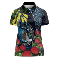 New Zealand Tui Bird Women Polo Shirt Maori Koru Mix Pohutukawa DT04 Female Black - Polynesian Pride