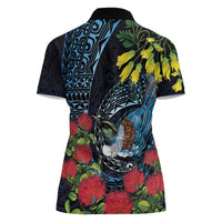 New Zealand Tui Bird Women Polo Shirt Maori Koru Mix Pohutukawa DT04 - Polynesian Pride
