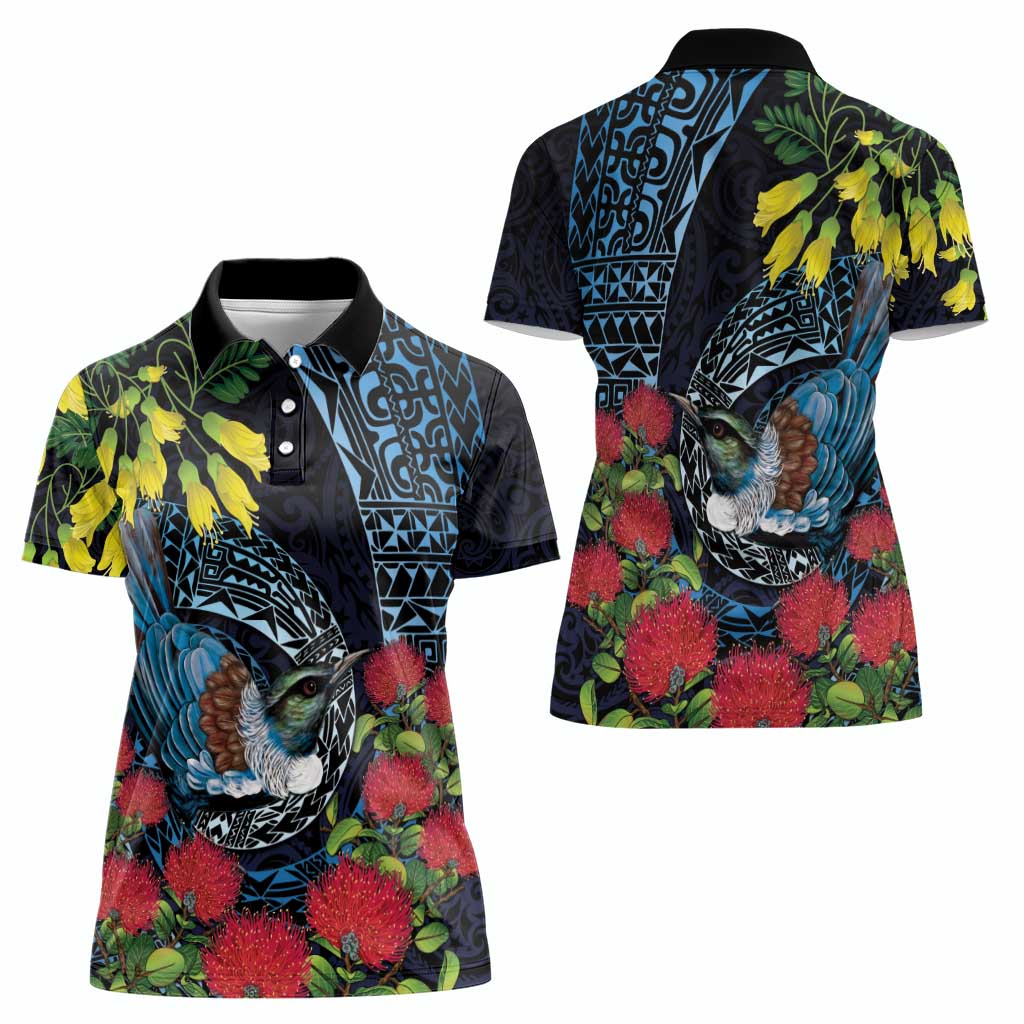 New Zealand Tui Bird Women Polo Shirt Maori Koru Mix Pohutukawa DT04 - Polynesian Pride