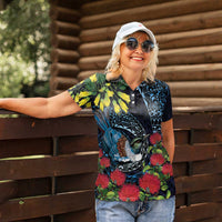 New Zealand Tui Bird Women Polo Shirt Maori Koru Mix Pohutukawa DT04 - Polynesian Pride