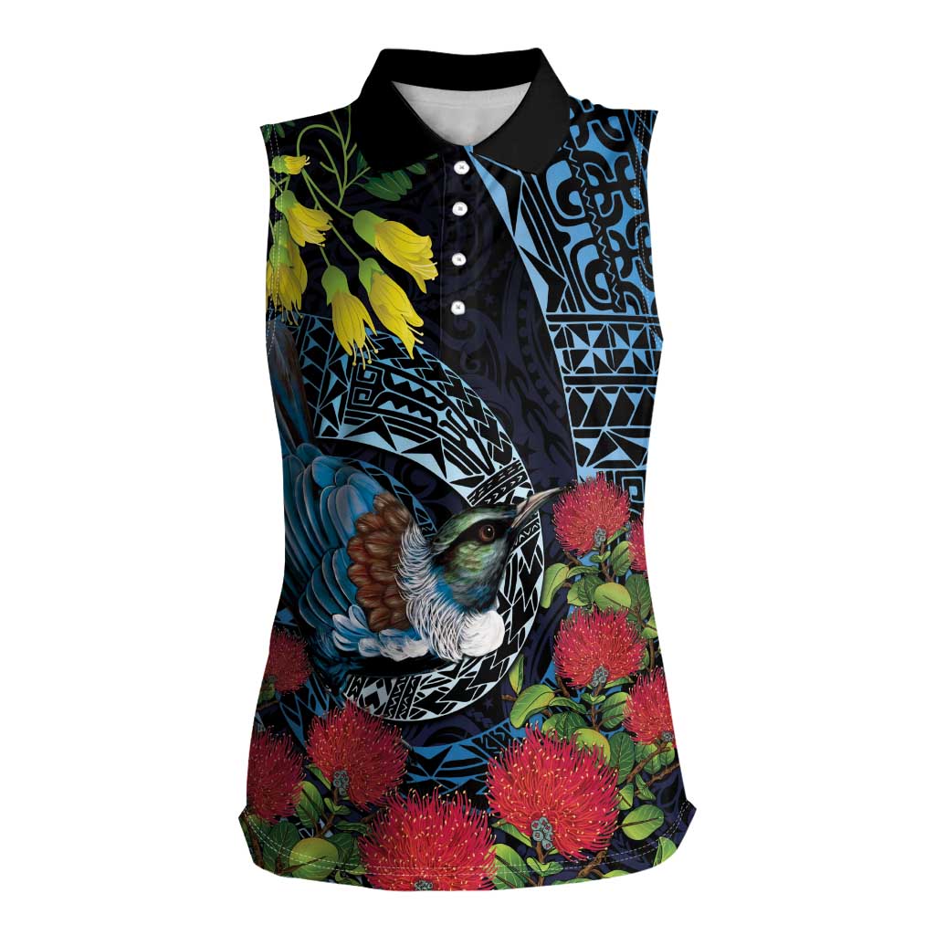 New Zealand Tui Bird Women Sleeveless Polo Shirt Maori Koru Mix Pohutukawa DT04 Female Black - Polynesian Pride