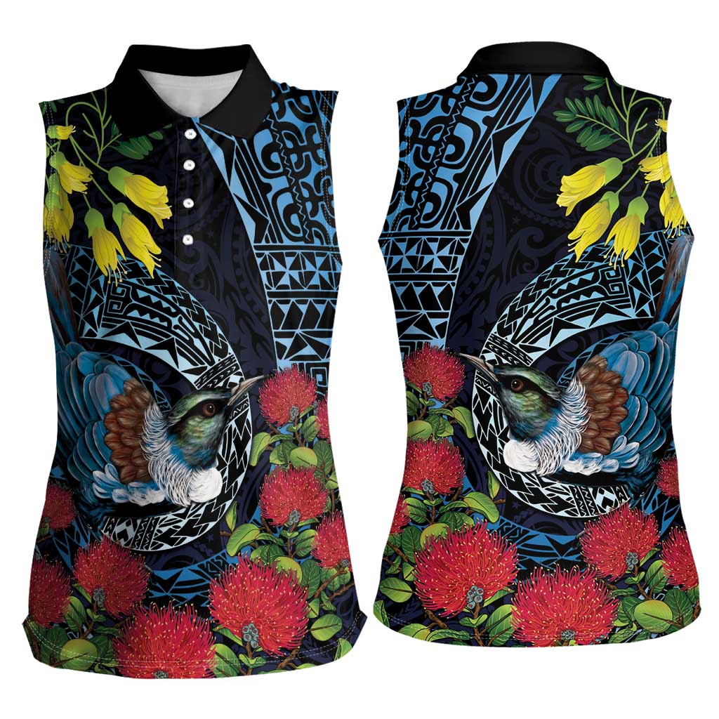 New Zealand Tui Bird Women Sleeveless Polo Shirt Maori Koru Mix Pohutukawa DT04 - Polynesian Pride
