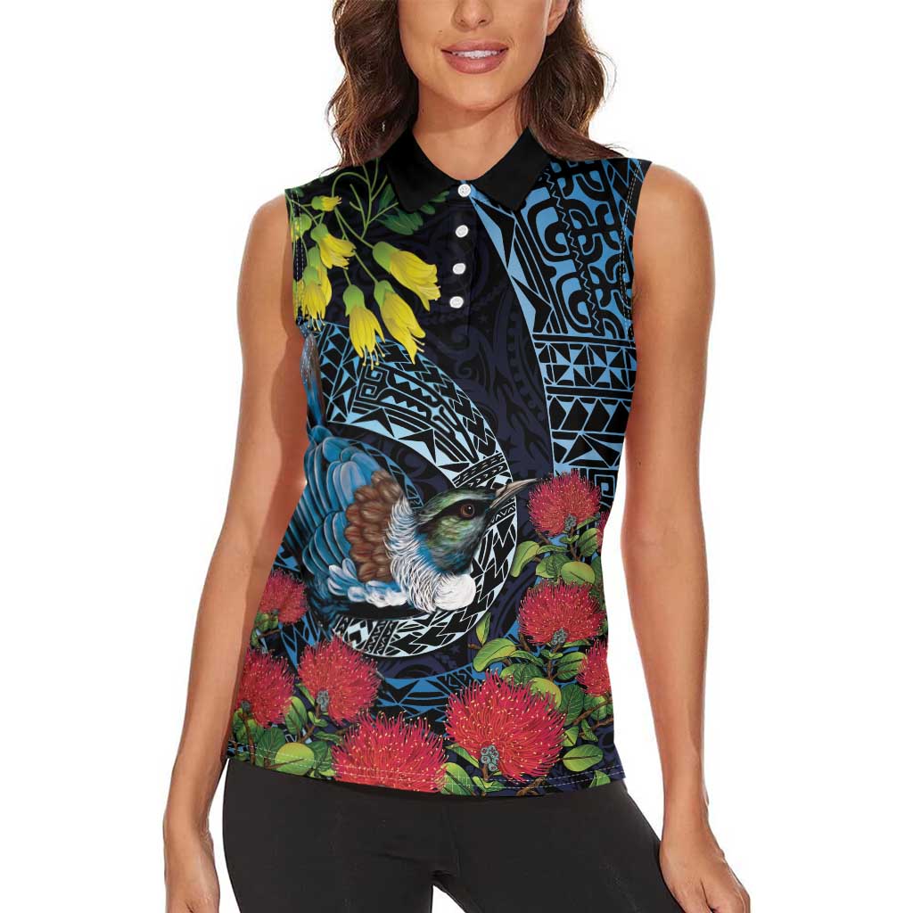 New Zealand Tui Bird Women Sleeveless Polo Shirt Maori Koru Mix Pohutukawa DT04 - Polynesian Pride