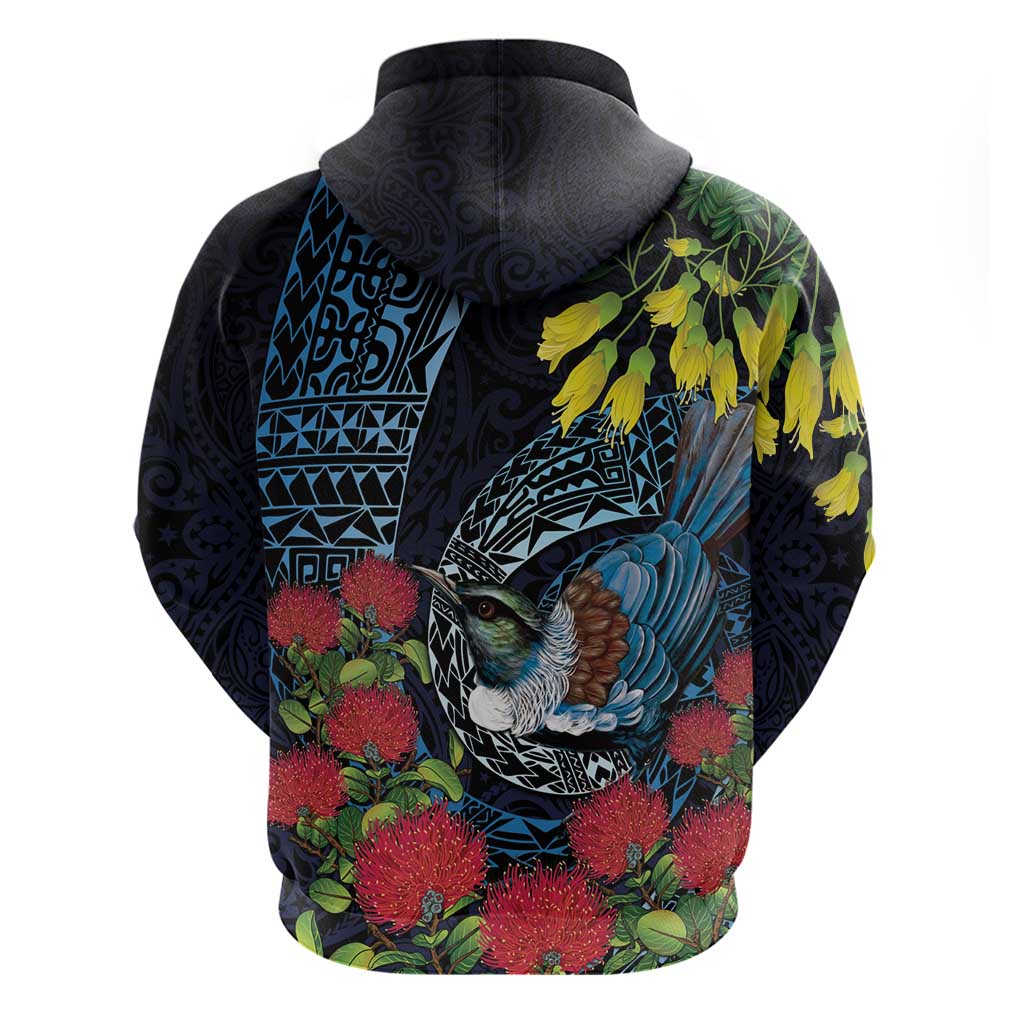 New Zealand Tui Bird Zip Hoodie Maori Koru Mix Pohutukawa DT04 - Polynesian Pride