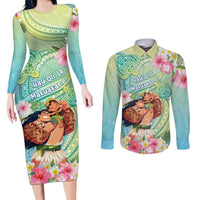 Personalised Hawaii Father's Day Couples Matching Long Sleeve Bodycon Dress and Long Sleeve Button Shirt Happy Father And Child DT04 Green - Polynesian Pride