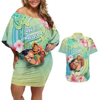Personalised Hawaii Father's Day Couples Matching Off Shoulder Short Dress and Hawaiian Shirt Happy Father And Child DT04 Green - Polynesian Pride