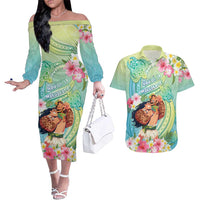 Personalised Hawaii Father's Day Couples Matching Off The Shoulder Long Sleeve Dress and Hawaiian Shirt Happy Father And Child DT04 Green - Polynesian Pride