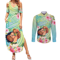Personalised Hawaii Father's Day Couples Matching Summer Maxi Dress and Long Sleeve Button Shirt Happy Father And Child DT04 Green - Polynesian Pride