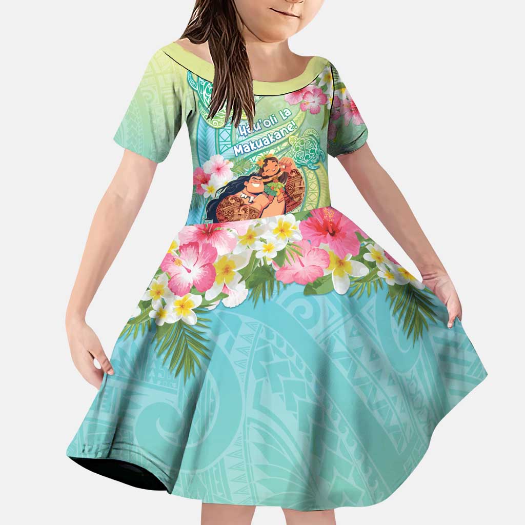 Personalised Hawaii Father's Day Family Matching Puletasi and Hawaiian Shirt Happy Father And Child DT04 Daughter's Dress Green - Polynesian Pride