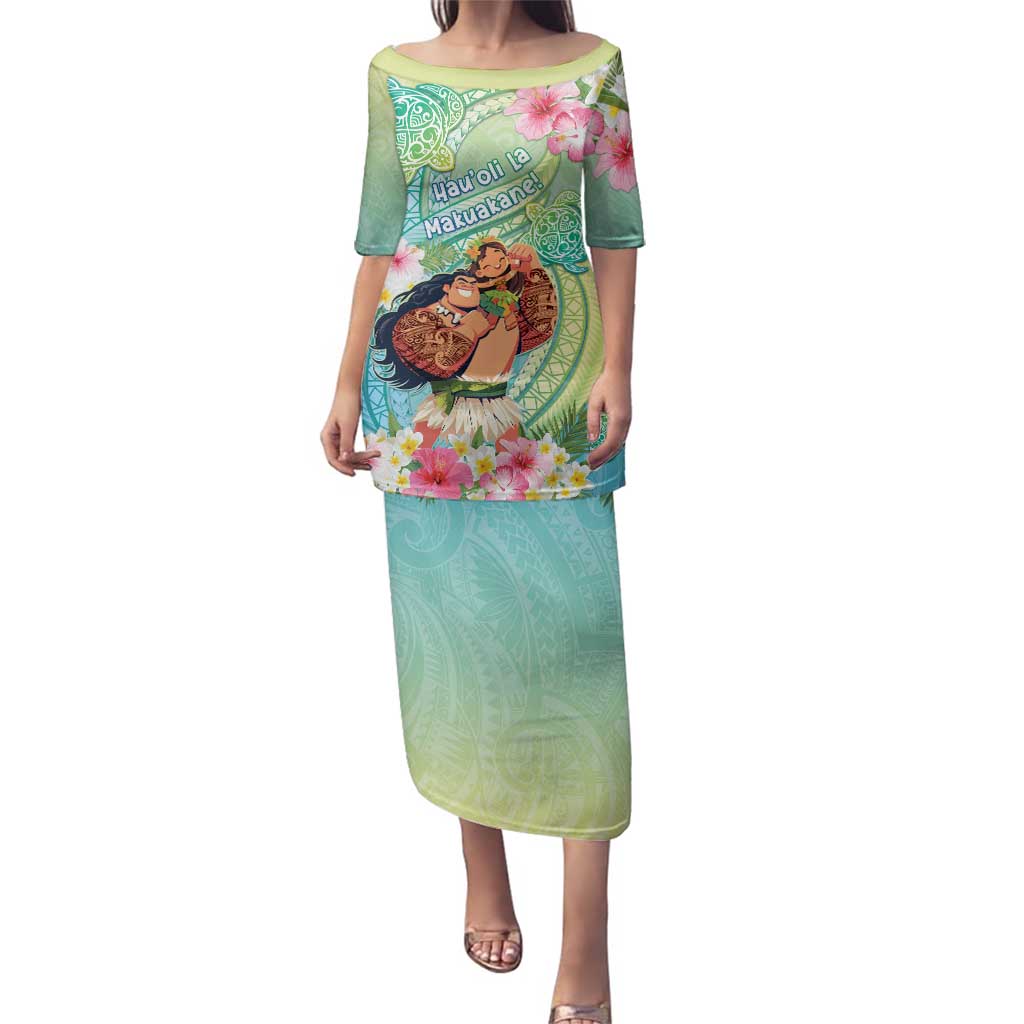 Personalised Hawaii Father's Day Family Matching Puletasi and Hawaiian Shirt Happy Father And Child DT04 Mom's Dress Green - Polynesian Pride