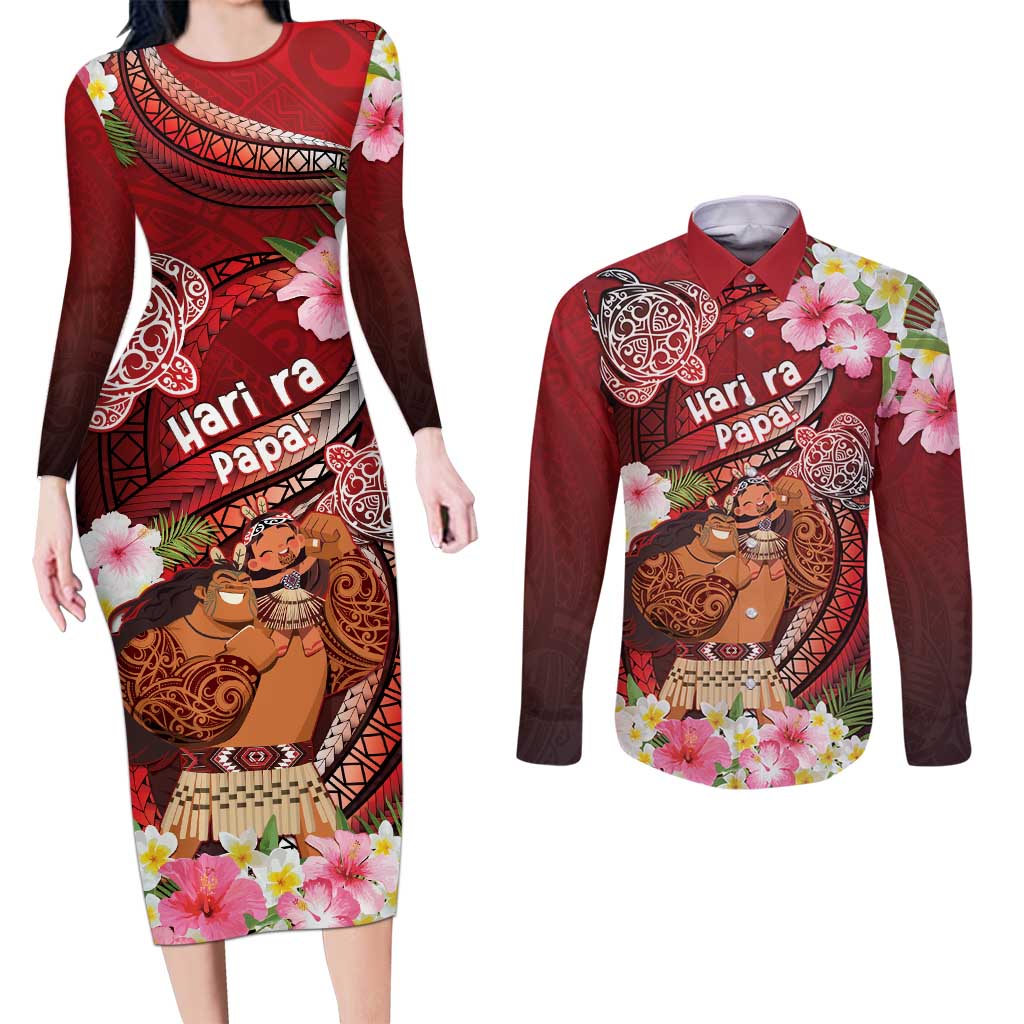 Personalised New Zealand Father's Day Couples Matching Long Sleeve Bodycon Dress and Long Sleeve Button Shirt Happy Father And Child DT04 Red - Polynesian Pride