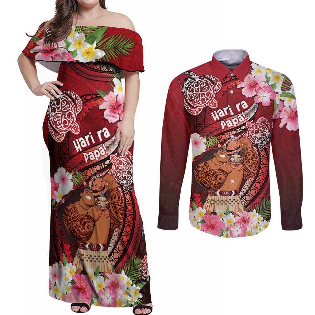 Personalised New Zealand Father's Day Couples Matching Off Shoulder Maxi Dress and Long Sleeve Button Shirt Happy Father And Child DT04 Red - Polynesian Pride