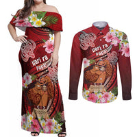 Personalised New Zealand Father's Day Couples Matching Off Shoulder Maxi Dress and Long Sleeve Button Shirt Happy Father And Child DT04 Red - Polynesian Pride