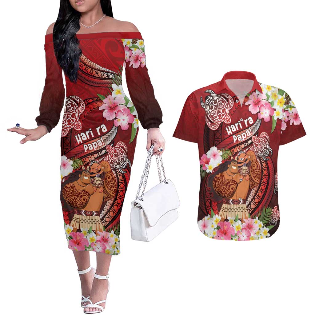 Personalised New Zealand Father's Day Couples Matching Off The Shoulder Long Sleeve Dress and Hawaiian Shirt Happy Father And Child