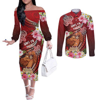 Personalised New Zealand Father's Day Couples Matching Off The Shoulder Long Sleeve Dress and Long Sleeve Button Shirt Happy Father And Child DT04 Red - Polynesian Pride