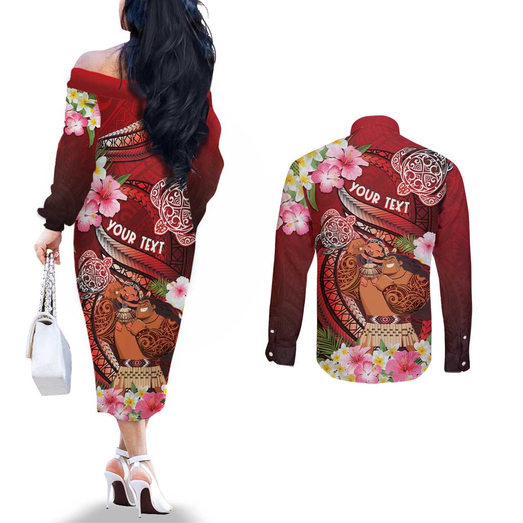 Personalised New Zealand Father's Day Couples Matching Off The Shoulder Long Sleeve Dress and Long Sleeve Button Shirt Happy Father And Child DT04 - Polynesian Pride