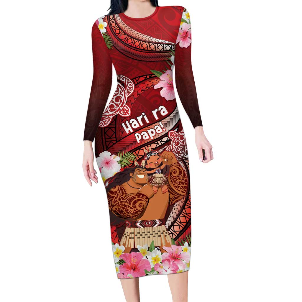 Personalised New Zealand Father's Day Family Matching Long Sleeve Bodycon Dress and Hawaiian Shirt Happy Father And Child DT04 Mom's Dress Red - Polynesian Pride