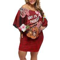 Personalised New Zealand Father's Day Off Shoulder Short Dress Happy Father And Child DT04 Women Red - Polynesian Pride