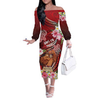 Personalised New Zealand Father's Day Off The Shoulder Long Sleeve Dress Happy Father And Child DT04 Women Red - Polynesian Pride