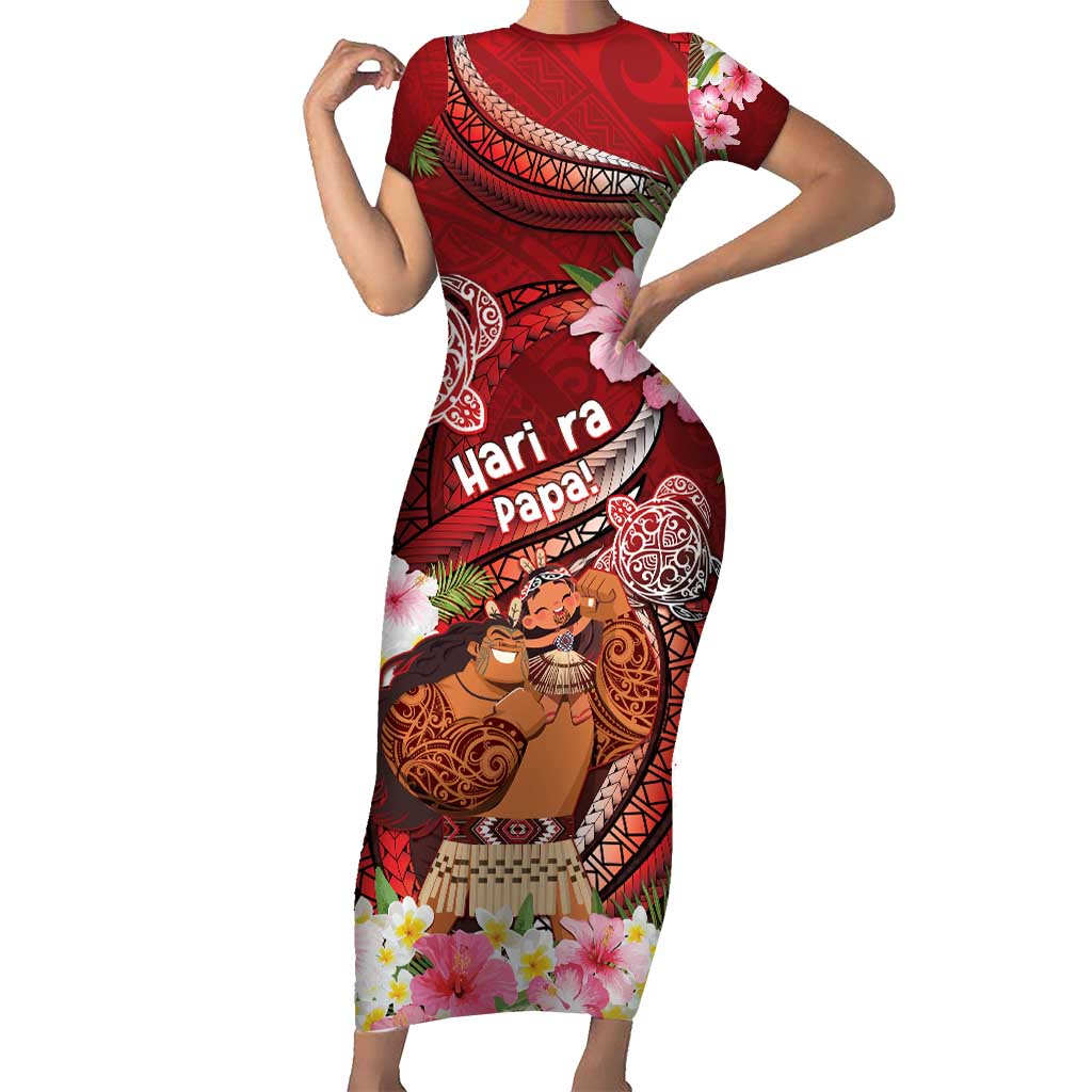 Personalised New Zealand Father's Day Short Sleeve Bodycon Dress Happy Father And Child DT04 Long Dress Red - Polynesian Pride