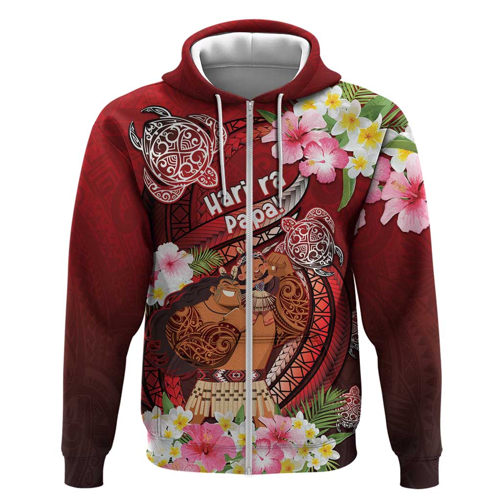 Personalised New Zealand Father's Day Zip Hoodie Happy Father And Child DT04 Zip Hoodie Red - Polynesian Pride