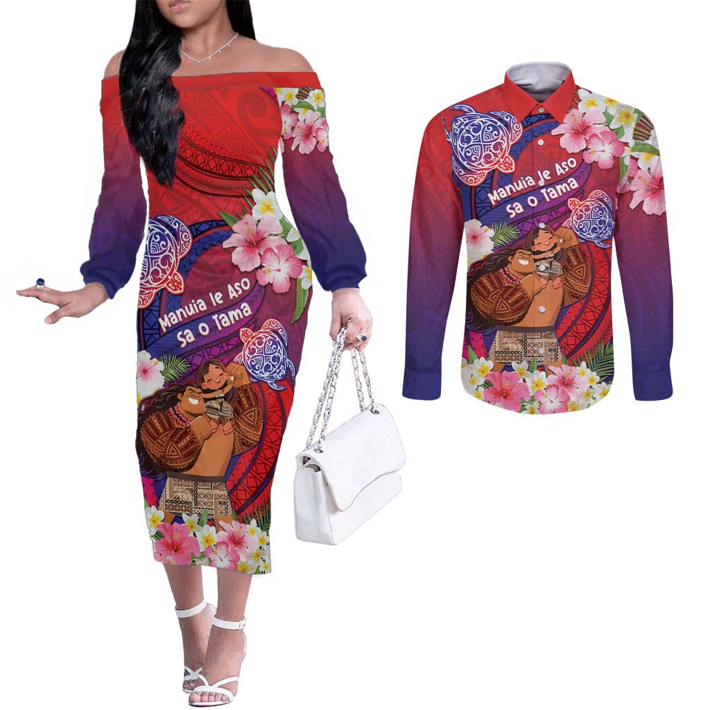 Personalised Samoa Father's Day Couples Matching Off The Shoulder Long Sleeve Dress and Long Sleeve Button Shirt Happy Father And Child DT04 Red - Polynesian Pride