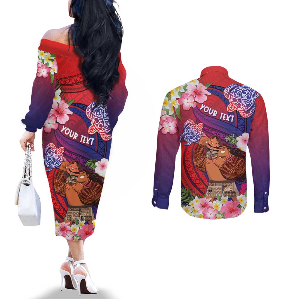 Personalised Samoa Father's Day Couples Matching Off The Shoulder Long Sleeve Dress and Long Sleeve Button Shirt Happy Father And Child DT04 - Polynesian Pride
