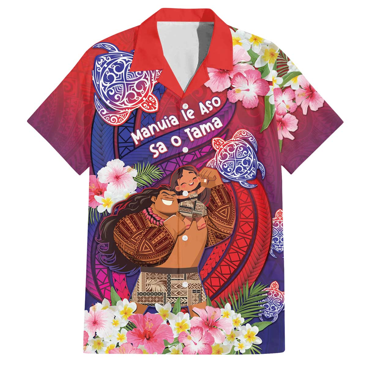Personalised Samoa Father's Day Family Matching Off The Shoulder Long Sleeve Dress and Hawaiian Shirt Happy Father And Child DT04 Dad's Shirt - Short Sleeve Red - Polynesian Pride