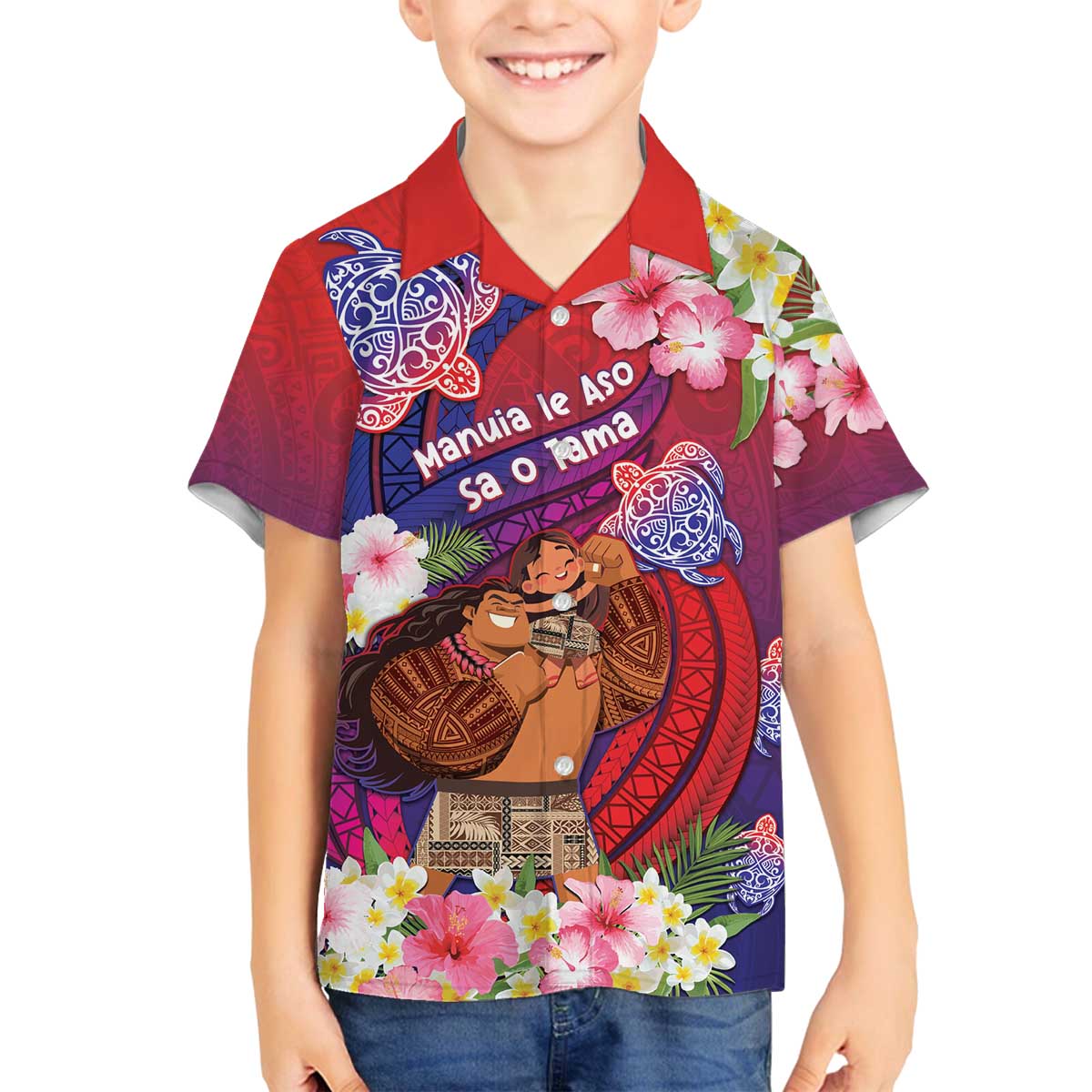 Personalised Samoa Father's Day Family Matching Off The Shoulder Long Sleeve Dress and Hawaiian Shirt Happy Father And Child DT04 Son's Shirt Red - Polynesian Pride