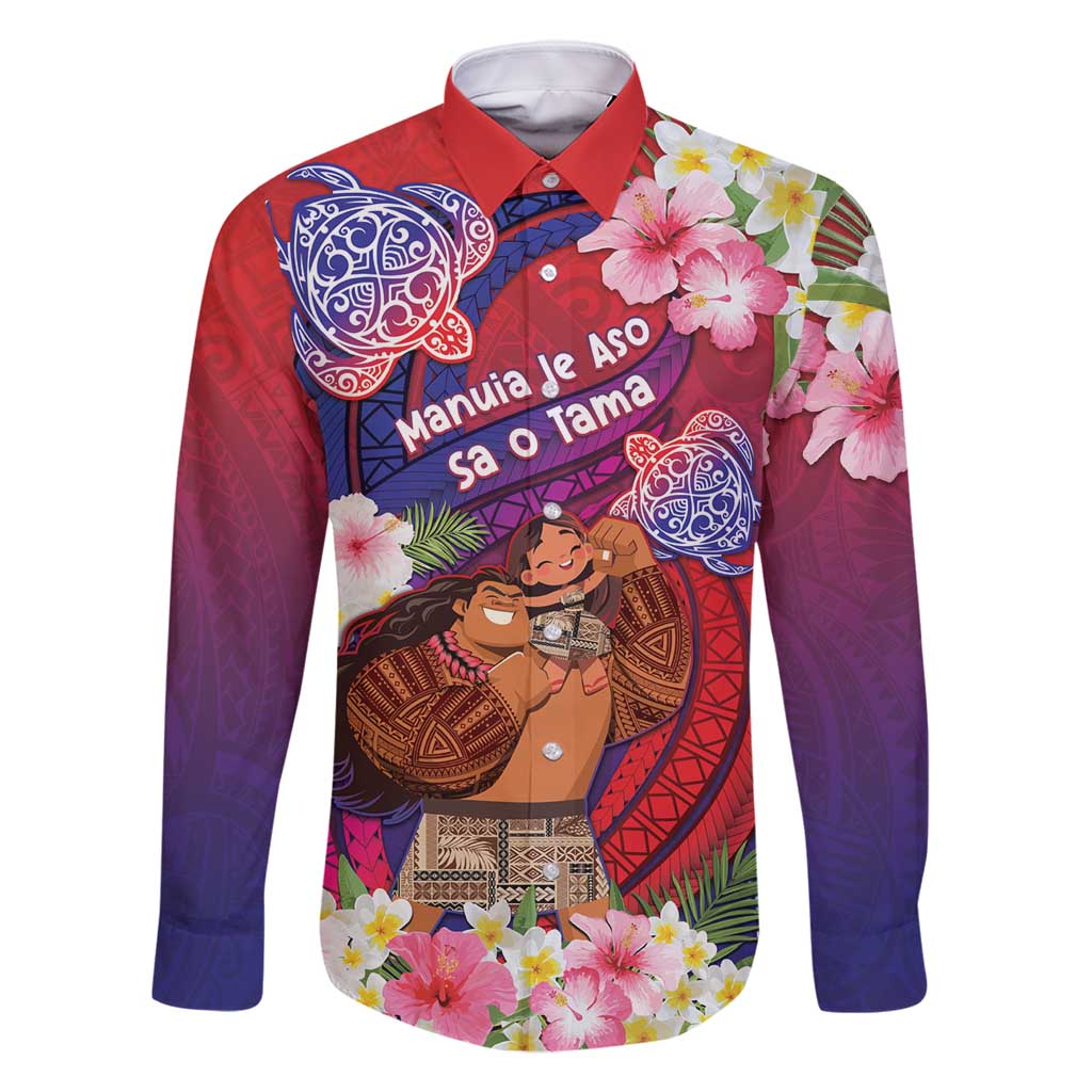 Personalised Samoa Father's Day Family Matching Off Shoulder Short Dress and Hawaiian Shirt Happy Father And Child DT04 Dad's Shirt - Long Sleeve Red - Polynesian Pride